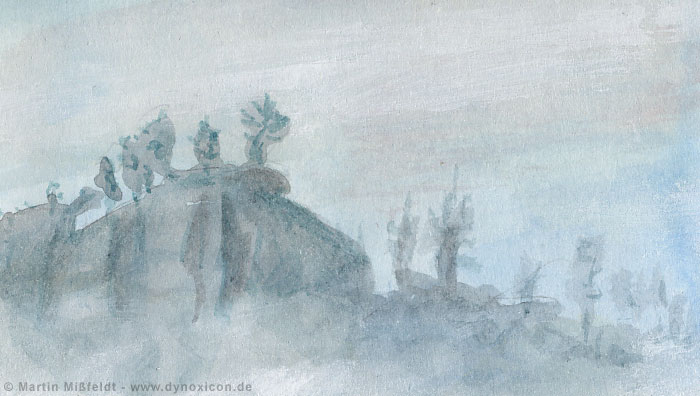 Felsen und Bäume im Nebel | Kunst Cartoon Felsen und Bäume im Nebel | Kunst Cartoon