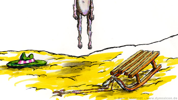 Schlitten und Hut im Wüstensand | Kunst Cartoon Schlitten und Hut im Wüstensand | Kunst Cartoon