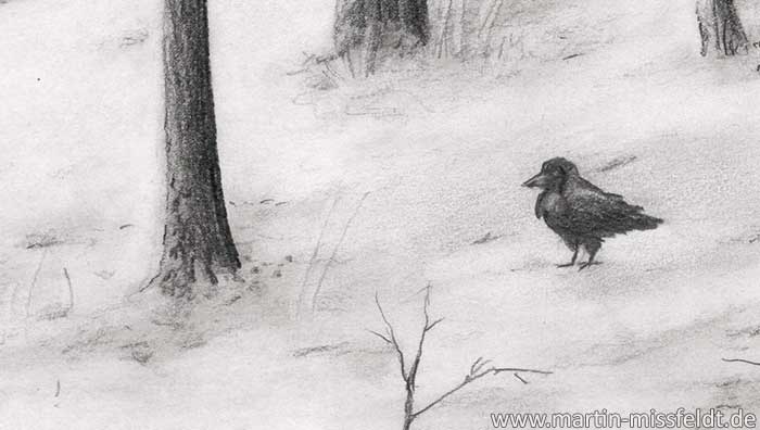 Bleistiftzeichnung: Einsam verschneiten Wald (Detail 1)