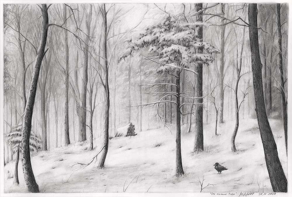 Bleistiftzeichnung Schneelandschaft: Verschneiter Wald