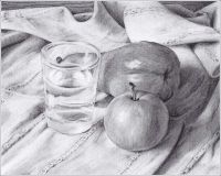 Stillleben mit Apfel, Birne und Glas