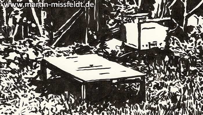 Zeichnung einer Liege im Garten (Detail 1)
