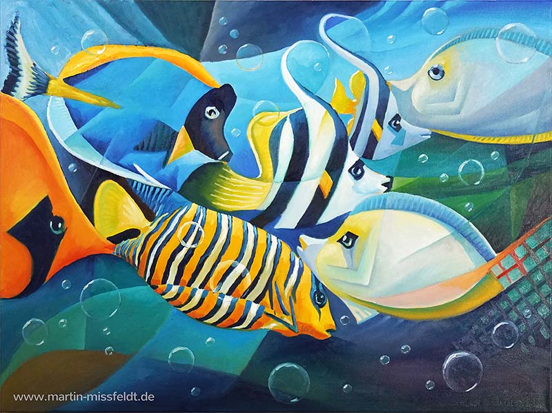 Fische - Kubismus, Ölmalerei halb-abstrakt