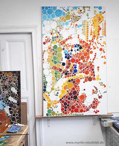 Work in Progress: Farbige Punkte mit Öl auf Leinwand
