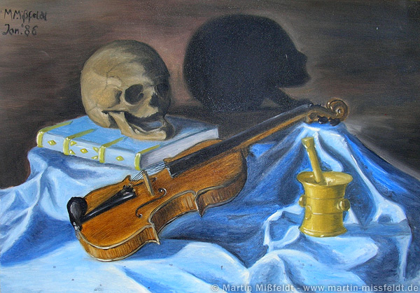 Ölbild Stillleben mit Violine und Totenkopf