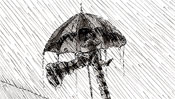 Jean Paul Sartre mit Regenschirm