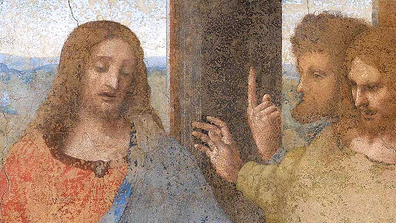 Das letzte Abendmahl, Detail: Jesus mit Thomas und Jacobus