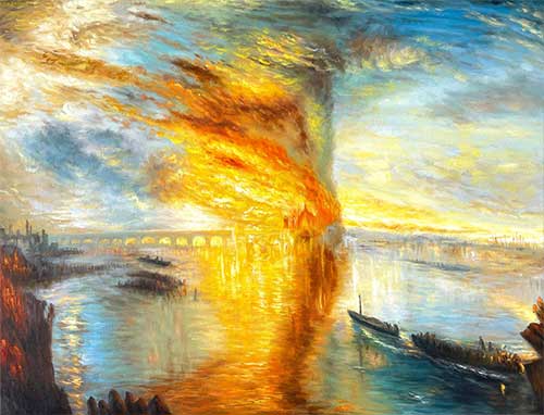 Farbperspektive: Der Brand des Parlamentsgebäudes in London, um 1835 von William Turner