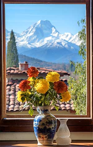 Luftperspektive: Blume vor einem Fenster, Blick auf Berge
