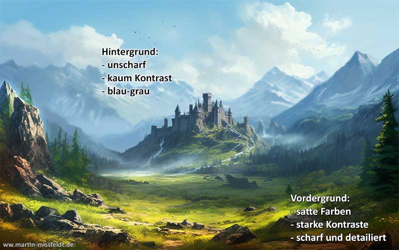 Luftperspektive: mit zunehmender Entfernung Verblauung, unscharf, kontrast-arm